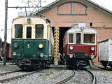 Zwei Oldtimer stehen auf dem Abstellgleis. Links eine grüne, rechts eine rote Lok